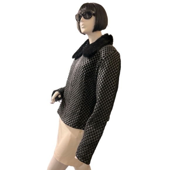 Neiman Marcus Woven Black Leather & Suede Fur-Trimmed Jacket - Picture 7 of 7